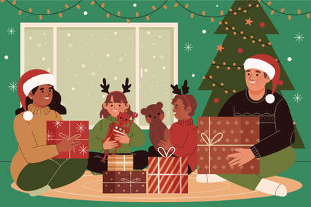 christmas gifts scene concept vector design illustrationのイラスト素材