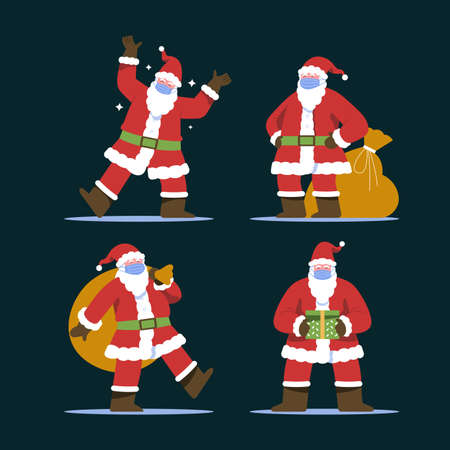set santa claus wearing face masks vector design illustrationのイラスト素材