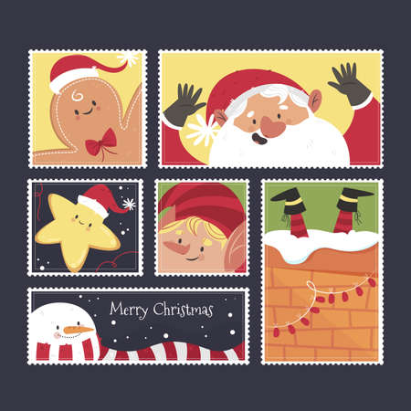 hand drawn christmas stamp collection vector design illustrationのイラスト素材