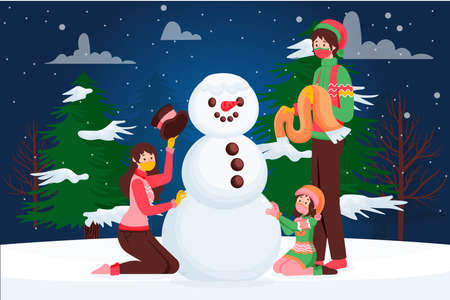 christmas snow scene wearing masks vector design illustrationのイラスト素材