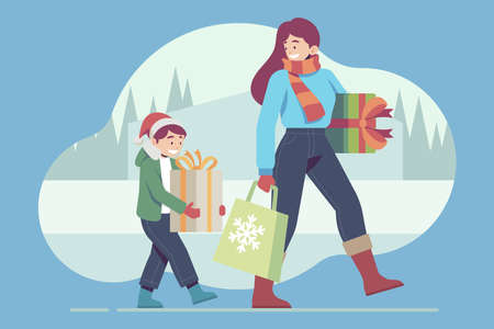 christmas shopping scene with presents vector design illustrationのイラスト素材