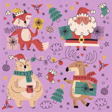 hand drawn christmas doodle collection vector design illustrationのイラスト素材