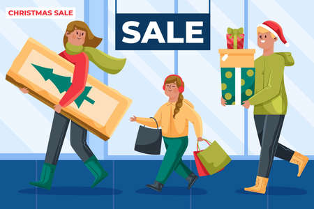christmas shopping scene vector design illustrationのイラスト素材