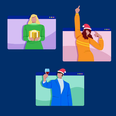 best friends celebrating christmas online due pandemic vector design illustration