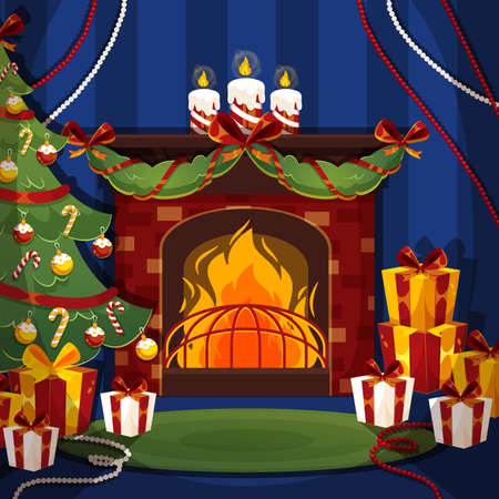 flat christmas fireplace scene vector design illustrationのイラスト素材