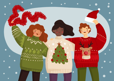 people wearing ugly sweaters vector design illustrationのイラスト素材