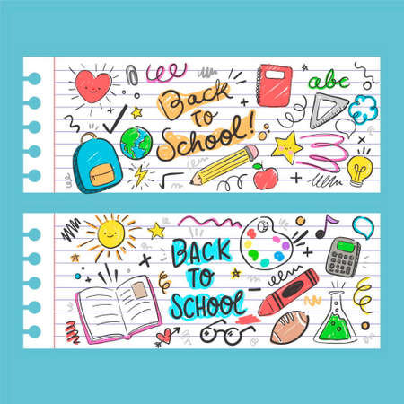 hand drawn back school vector design illustration banners set with photoのイラスト素材