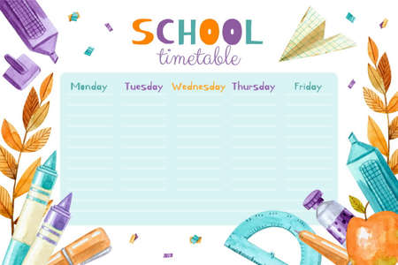 watercolor back school vector design illustration timetable templateの写真素材