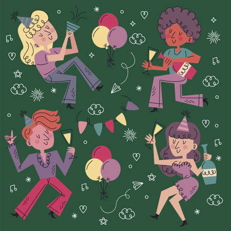 hand drawn new year stickers abstract design vector illustrationのイラスト素材