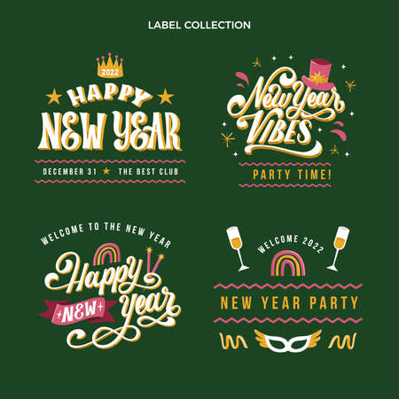 hand drawn flat new year labels collection abstract design vector illustrationのイラスト素材