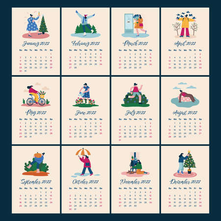hand drawn flat 2022 calendar template abstract design vector illustrationのイラスト素材