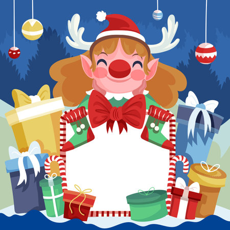 hand drawn flat christmas character holding blank banner abstract design vector illustrationのイラスト素材
