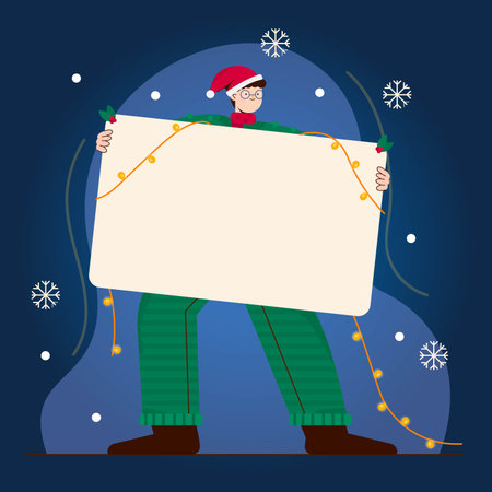 hand drawn flat christmas character holding blank banner abstract design vector illustrationのイラスト素材