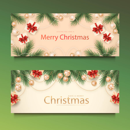 realistic christmas horizontal banners set abstract design vector illustrationのイラスト素材