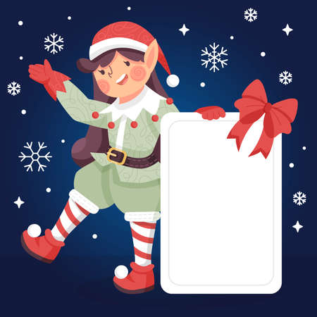 hand drawn flat christmas character holding blank banner abstract design vector illustrationのイラスト素材