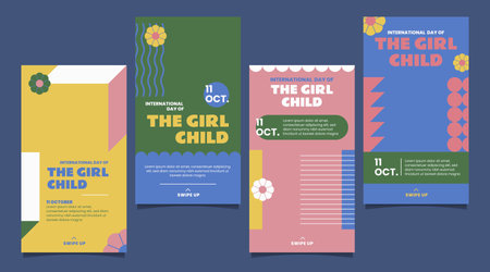 hand drawn flat international day girl child banners collection vector design illustrationのイラスト素材