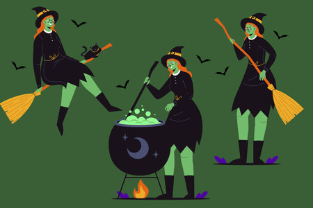 hand drawn flat halloween witches collection vector design illustrationのイラスト素材