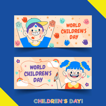 hand drawn flat world children s day horizontal banners set vector design illustrationのイラスト素材