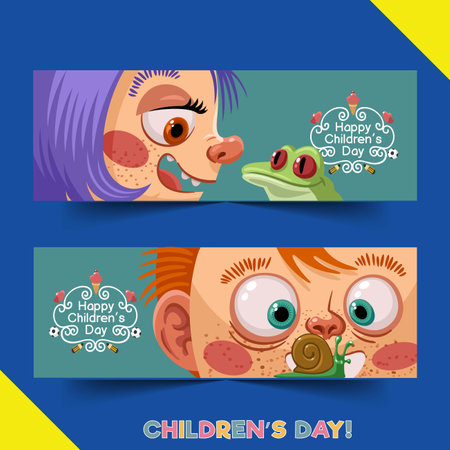 hand drawn world children s day horizontal banners set vector design illustrationのイラスト素材