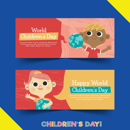 hand drawn flat world children s day horizontal banners set vector design illustrationのイラスト素材