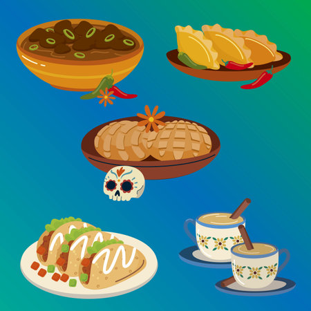 hand drawn flat dia de muertos food collection vector design illustrationのイラスト素材