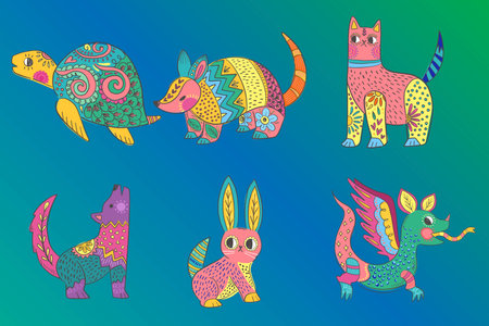 hand drawn dia de muertos alebrijes collection vector design illustrationのイラスト素材