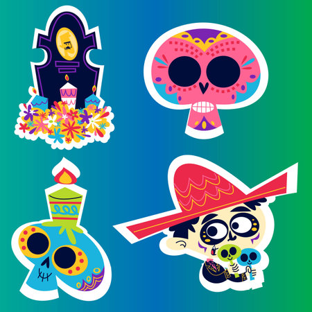 retro cartoon dia de los muertos sticker set vector design illustrationのイラスト素材