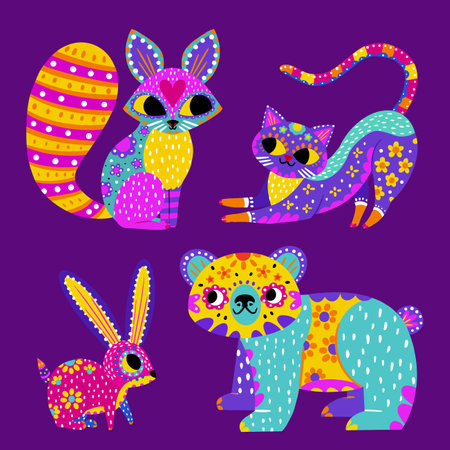 hand drawn dia de muertos alebrijes collection vector design illustrationのイラスト素材