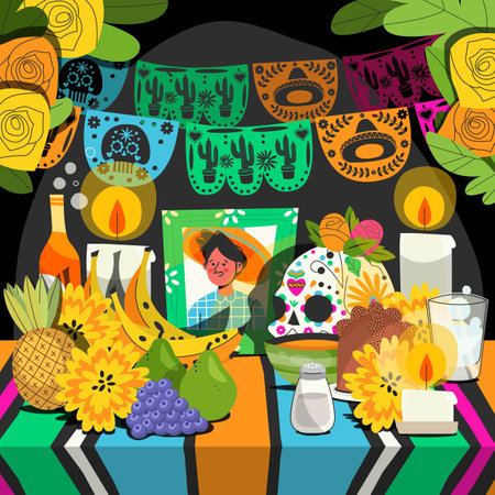 hand drawn dia de muertos family home altar vector design illustrationのイラスト素材