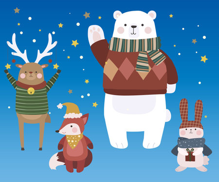 hand drawn flat winter animals collection vector design illustrationのイラスト素材