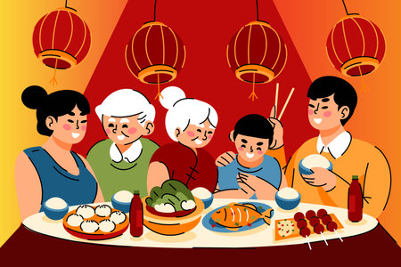 flat chinese new year reunion dinner vector design illustrationのイラスト素材