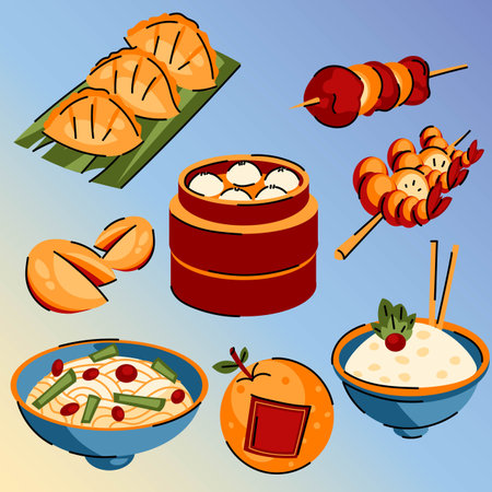 flat chinese new year reunion dinner food collection vector design illustrationのイラスト素材