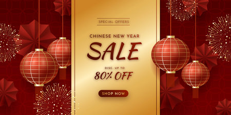 realistic chinese new year sale horizontal banner vector design illustrationのイラスト素材