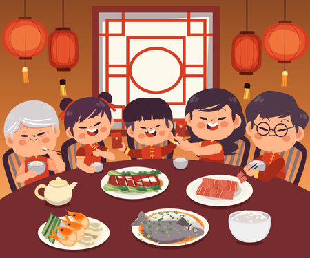 flat chinese new year reunion dinner vector design illustrationのイラスト素材