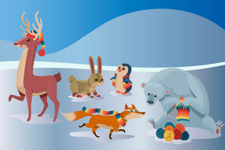 hand drawn flat winter animals collection vector design illustrationのイラスト素材