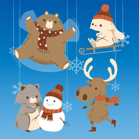 hand drawn flat winter animals collection vector design illustrationのイラスト素材
