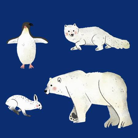 hand drawn flat winter animals collection vector design illustrationのイラスト素材
