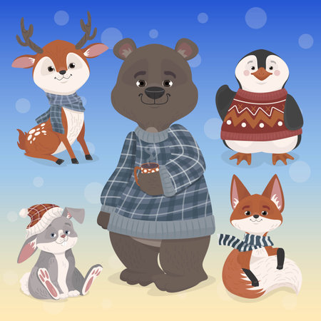 hand drawn flat winter animals collection vector design illustrationのイラスト素材