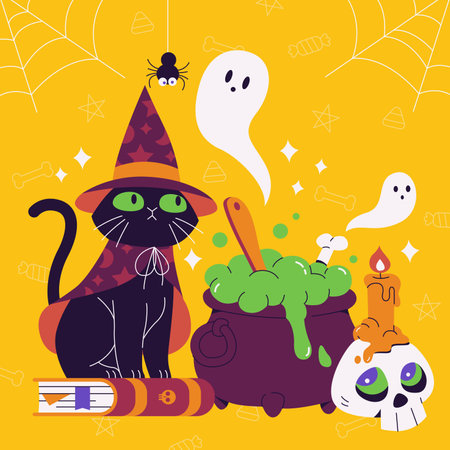 flat halloween season with black cat ghosts design vector illustrationのイラスト素材