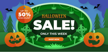 paper style horizontal banner template halloween season design vector illustrationのイラスト素材