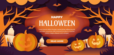 paper style horizontal banner template halloween season design vector illustrationのイラスト素材