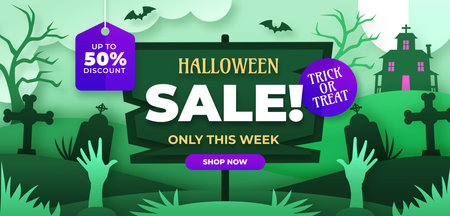 paper style horizontal banner template halloween season design vector illustrationのイラスト素材
