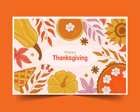 hand drawn thanksgiving background with pumpkin pie leaves design vector illustrationのイラスト素材