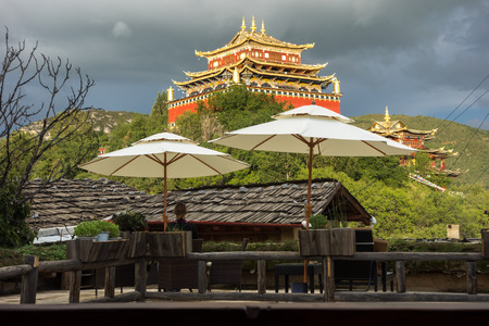 Roof top view at the Golden Temple in Shangri-Laの写真素材
