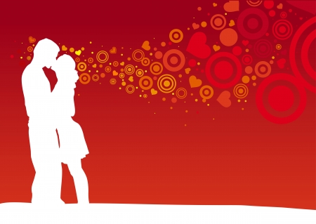 Kissing couple on heart shaped red background のイラスト素材