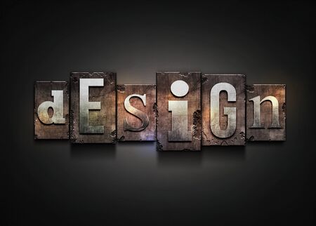The word  design   Random letterpress type on grunge background の写真素材