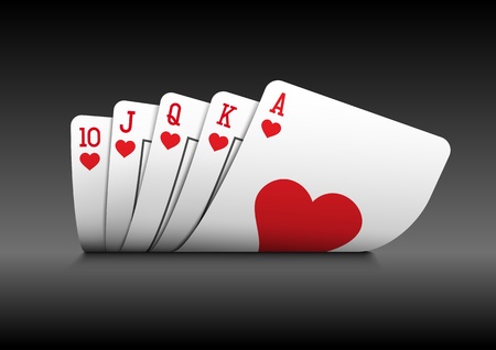 Royal flush playing cards poker hand on black background 