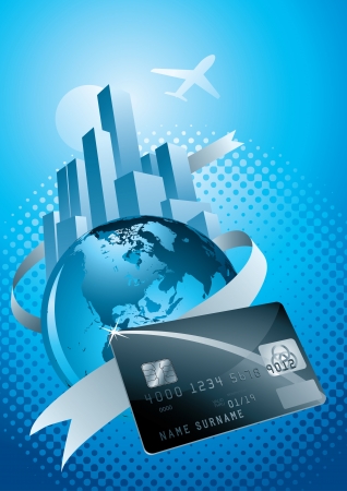 world, credit card, city and flightのイラスト素材