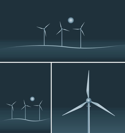 Wind Turbines on black background  Vector illustration set のイラスト素材