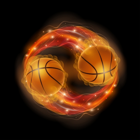 Basketball ball in flames and lights against black background  Vector illustration のイラスト素材